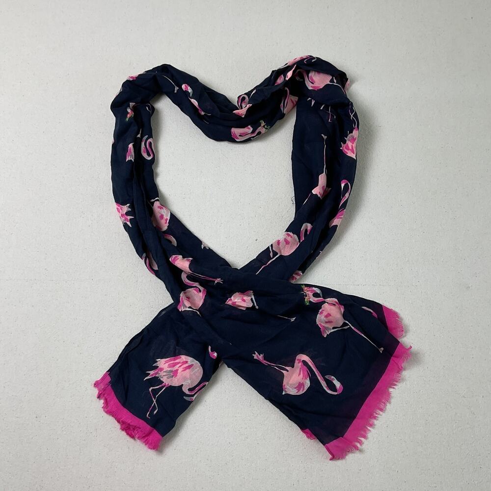 Tropical Fashion Scarf Dark Blue and Flamingo Lightweight Fringed Womens 71 X 24
